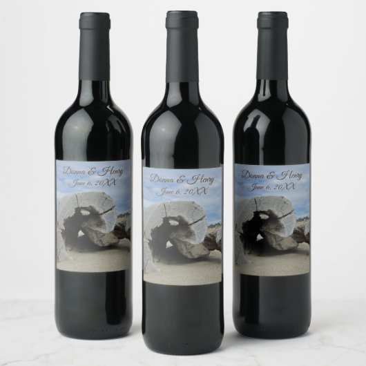 Beach Wedding Beauful Driftwood Foto Ocean Wijn Etiket (Flessen)