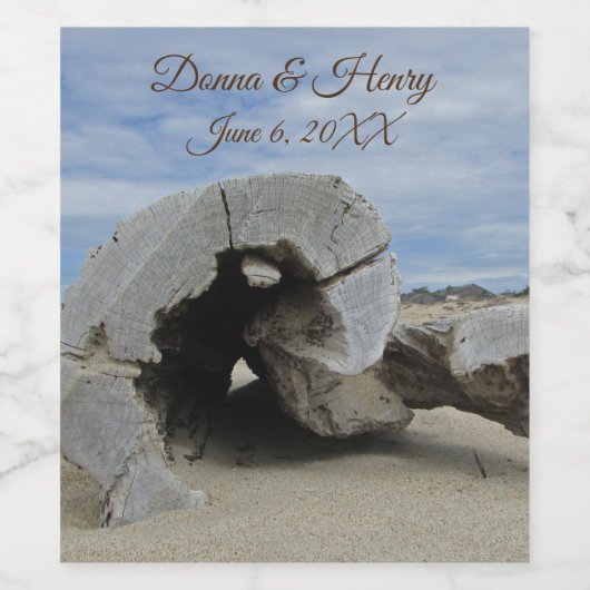 Beach Wedding Beauful Driftwood Foto Ocean Wijn Etiket (Enkel label)