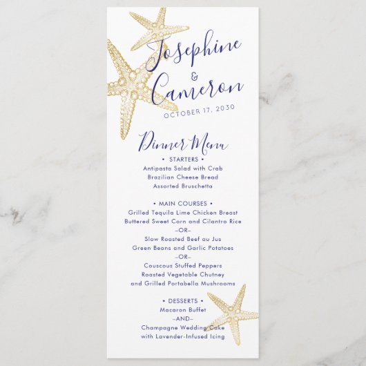 Beach Wedding Blue Gold Starfish Modern Menu (Voorkant)