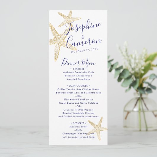 Beach Wedding Blue Gold Starfish Modern Menu (Staand voorkant)