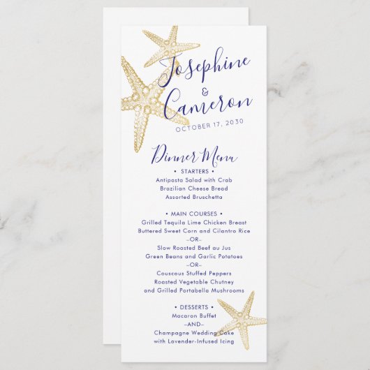 Beach Wedding Blue Gold Starfish Modern Menu (Voorkant / Achterkant)