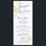 Beach Wedding Blue Gold Starfish Modern Menu<br><div class="desc">Navy Blue and Gold Starfish Dinner Menu Kaart voor een diner op het strand,  een repetitief diner of een bestemmings bruiloft is voorzien van een  spreuk van de sterren en elegante moderne scriptlettertypen. Gebruik het het ontwerphulpmiddel van de sjabloon om doopvonten en kleuren of ontwerp te veranderen.</div>