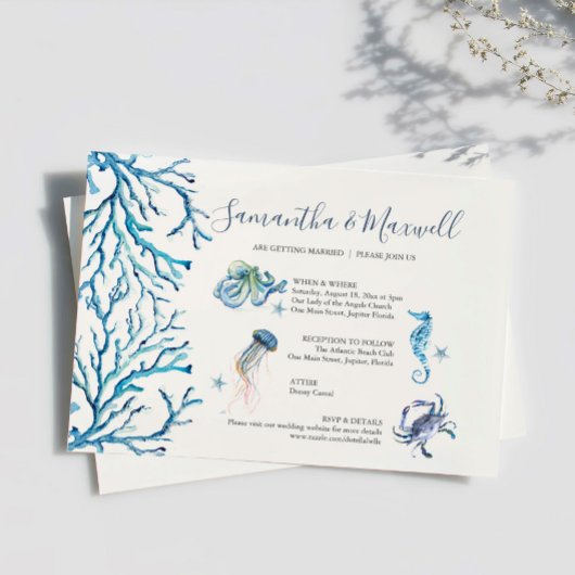 Beach Wedding Blue Waterverf geïllustreerd Kaart