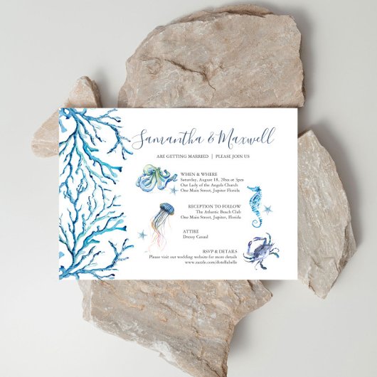 Beach Wedding Blue Waterverf geïllustreerd Kaart