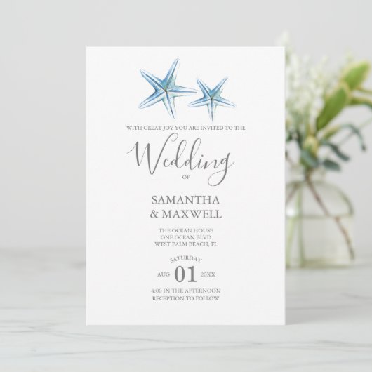 Beach Wedding Blue Waterverf Starfish Kaart (Staand voorkant)
