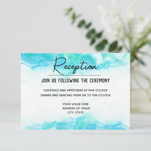 Beach Wedding Blue Wave Reception Information Kaar RSVP Kaartje (Staand voorkant)