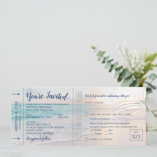 Beach Wedding Boarding Pass All-in-One uitnodiging (Staand voorkant)