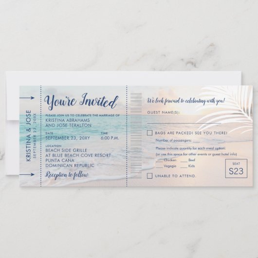 Beach Wedding Boarding Pass All-in-One uitnodiging (Voorkant)