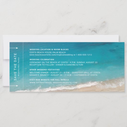Beach Wedding Boarding Pass Moody Blauwgroen Ocean Save The Date (Achterkant)