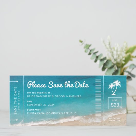 Beach Wedding Boarding Pass Moody Blauwgroen Ocean Save The Date (Staand voorkant)