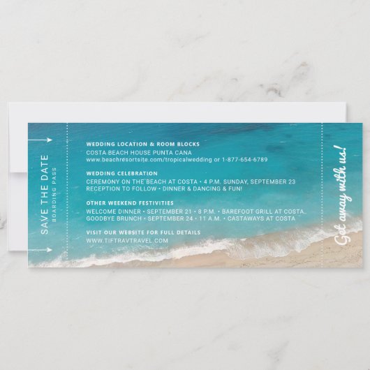 Beach Wedding Boarding Pass Moody Blauwgroen Ocean Save The Date (Achterkant)