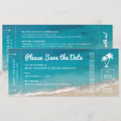 Beach Wedding Boarding Pass Moody Blauwgroen Ocean Save The Date (Voorkant / Achterkant)