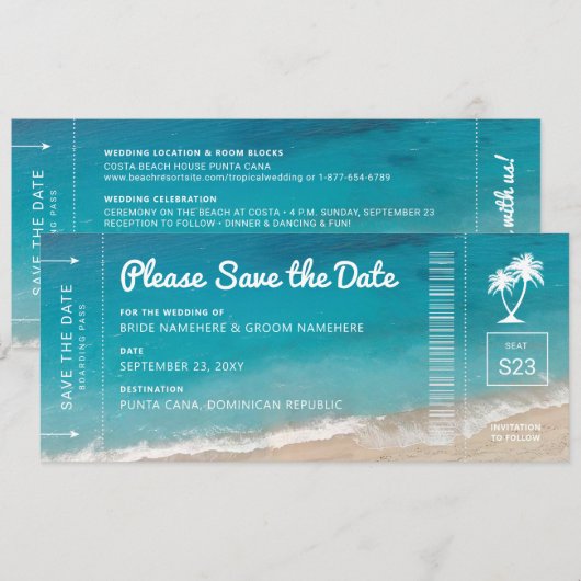 Beach Wedding Boarding Pass Moody Blauwgroen Ocean Save The Date (Voorkant / Achterkant)