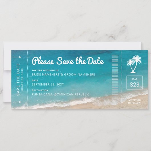 Beach Wedding Boarding Pass Moody Blauwgroen Ocean Save The Date (Voorkant)