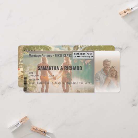 Beach Wedding Boarding Pass Romantic Beach  Kaart (Voorkant / Achterkant in situ)