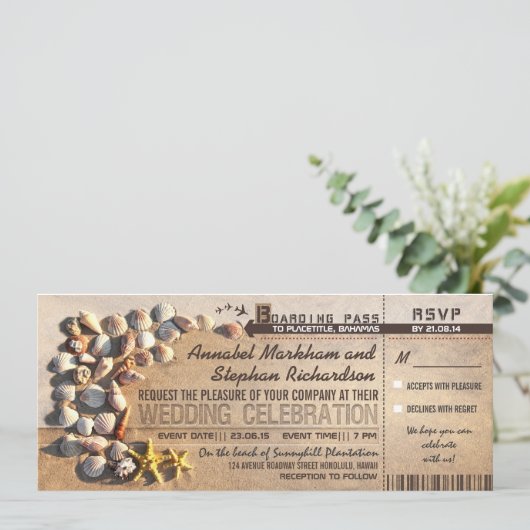 Beach Wedding Boarding Pass Tickets - Uitnodiginge Kaart (Staand voorkant)