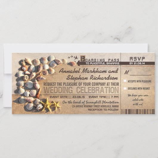 Beach Wedding Boarding Pass Tickets - Uitnodiginge Kaart (Voorkant)