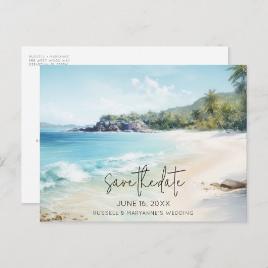 Beach Wedding Budget sparen de Datum Aankondigingskaart (Voorkant / Achterkant)