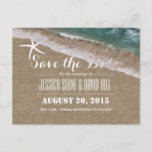 Beach Wedding Burlap & Starfish Save the Date Aankondigingskaart