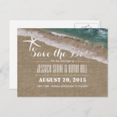 Beach Wedding Burlap & Starfish Save the Date Aankondigingskaart (Voorkant / Achterkant)
