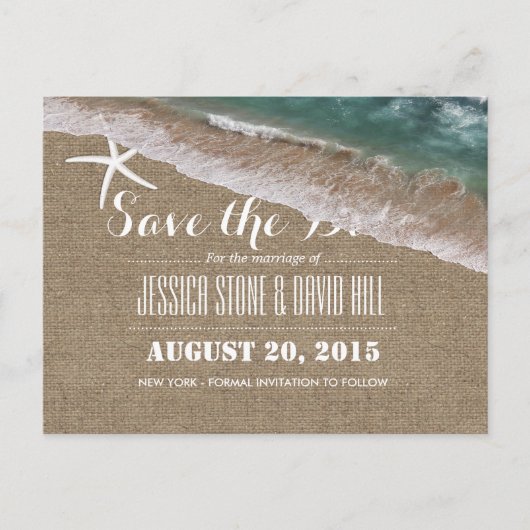 Beach Wedding Burlap & Starfish Save the Date Aankondigingskaart (Voorkant)