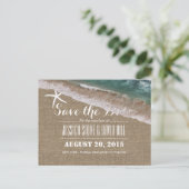 Beach Wedding Burlap & Starfish Save the Date Aankondigingskaart (Staand voorkant)