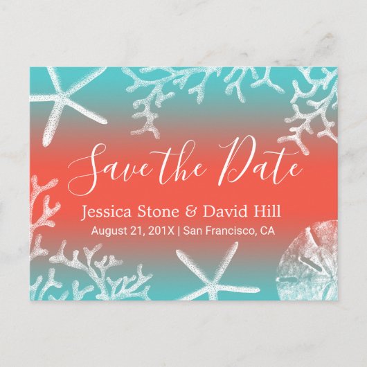 Beach Wedding Coral Reef Starfish Save the Date Aankondigingskaart (Voorkant)