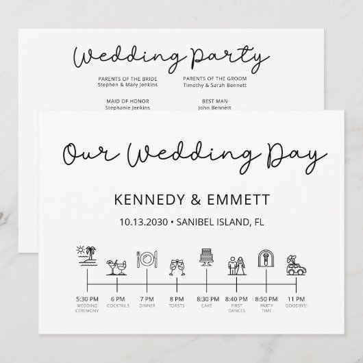 Beach Wedding Day Timeline Programma Programmakaart (Voorkant / Achterkant)