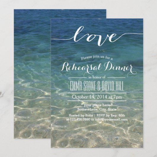 Beach Wedding Elegant Script Love Rehearsal Dinner Kaart (Voorkant / Achterkant)