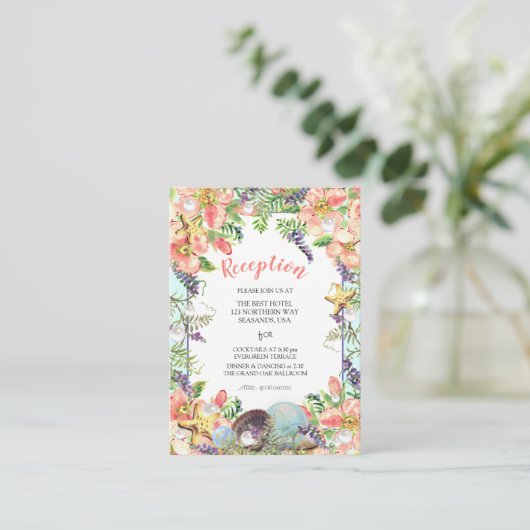 Beach Wedding Floral Seashells Coral Reception Informatiekaartje (Staand voorkant)