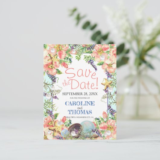 Beach Wedding Floral Seashells Pearl Save the Date Briefkaart (Staand voorkant)