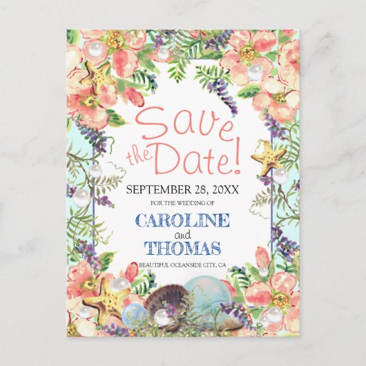 Beach Wedding Floral Seashells Pearl Save the Date Briefkaart (Voorkant)