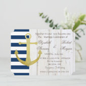 Beach Wedding Gold Anchor,Stripes,Wood-uitnodiging Kaart (Staand voorkant)