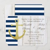 Beach Wedding Gold Anchor,Stripes,Wood-uitnodiging Kaart (Voorkant / Achterkant)