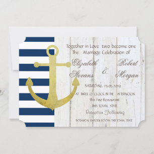 Beach Wedding Gold Anchor,Stripes,Wood-uitnodiging Kaart