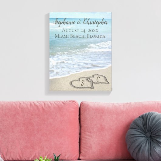 Beach Wedding Hearts in de zand Elegant Canvas Afdruk (Insitu (Woonkamer))