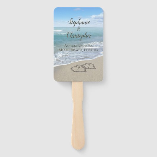 Beach Wedding Hearts in de zand Elegant Handwaaier (Achterkant)