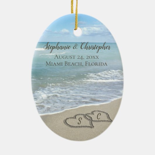 Beach Wedding Hearts in de zand Elegant Keramisch Ornament (Achterkant)
