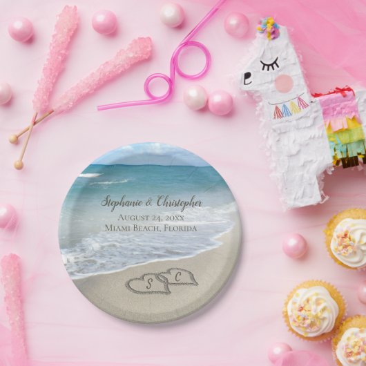 Beach Wedding Hearts in de zand Elegant Papieren Bordje (Feest)