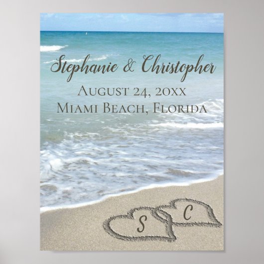Beach Wedding Hearts in de zand Elegant Poster (Voorkant)