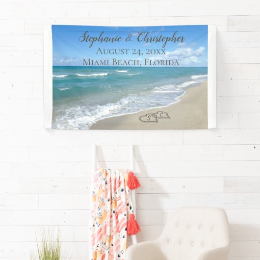 Beach Wedding Hearts in de zand Elegant Spandoek (Insitu)