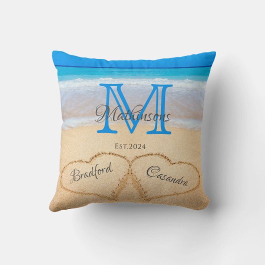  Beach Wedding Hearts in Sand Family Monogram Kussen (Achterkant)