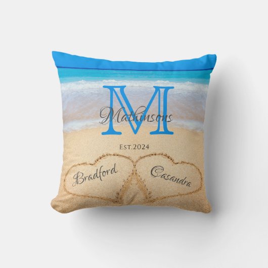  Beach Wedding Hearts in Sand Family Monogram Kussen (Voorkant)