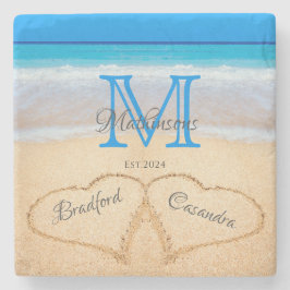 Beach Wedding Hearts in Sand Family Monogram Stenen Onderzetter