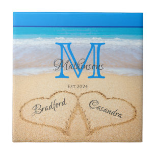 Beach Wedding Hearts in Sand Family Monogram Tegeltje