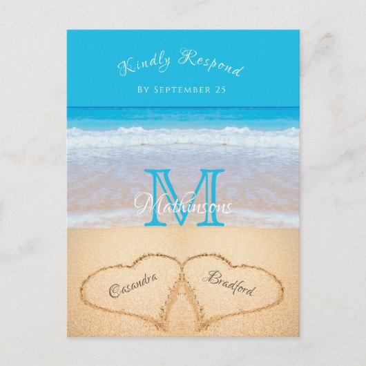 Beach Wedding Hearts in Sand RSVP Briefkaart (Voorkant)
