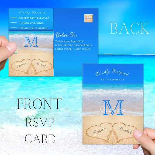 Beach Wedding Hearts in Sand RSVP Briefkaart