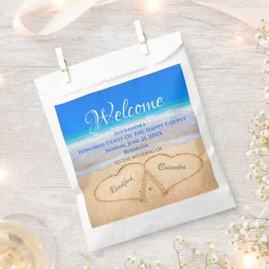Beach Wedding Hearts in Sand Welcome Bedankzakje (Geknipt)