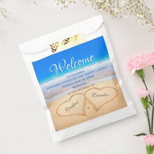 Beach Wedding Hearts in Sand Welcome Bedankzakje (Gezegeld)