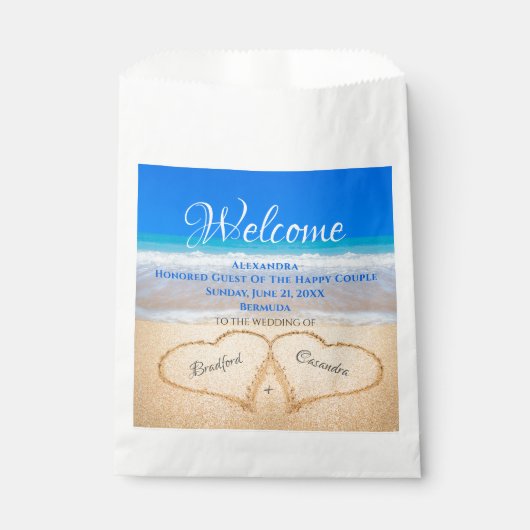 Beach Wedding Hearts in Sand Welcome Bedankzakje (Voorkant)